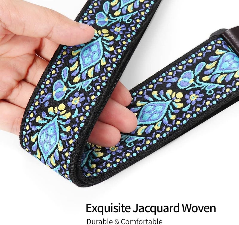 EYESHOT Ukulele Strap No Drill, Adjustable Double J Hook Clip on Uke Shoulder Strap, Hawaiian Jacquard Blue Flower Hands Free Ukelele Strap, Easy to Use and Fit Most Standard Uke Sizes - Image 4